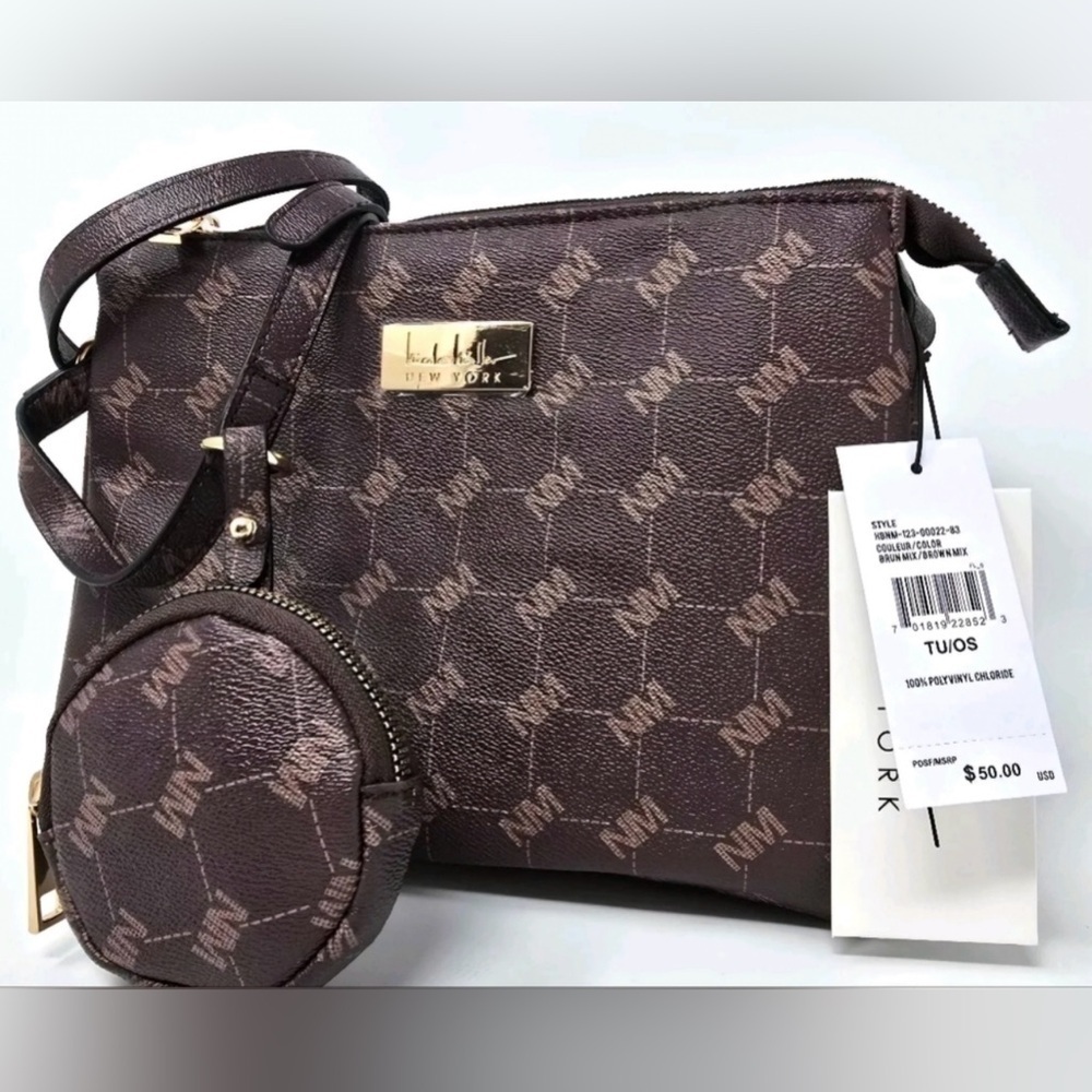 Nicole Miller Brown Logo Gold Hardware Shoulder Crossbody Bag Purse W Pouch